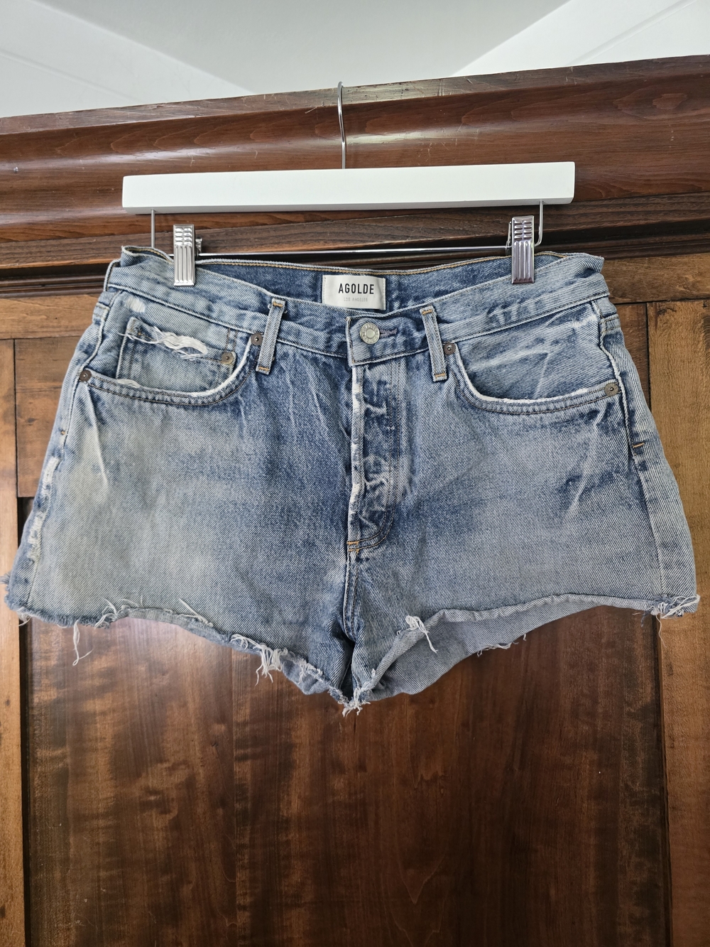 Agolde Light Blue Distressed Denim Cutoff Shorts Size 28